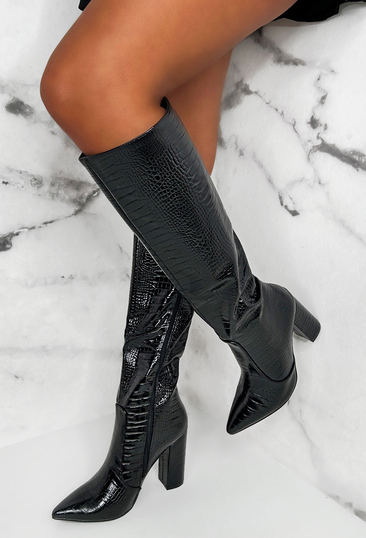All You Want Black Croc Knee Boot With Block Heel