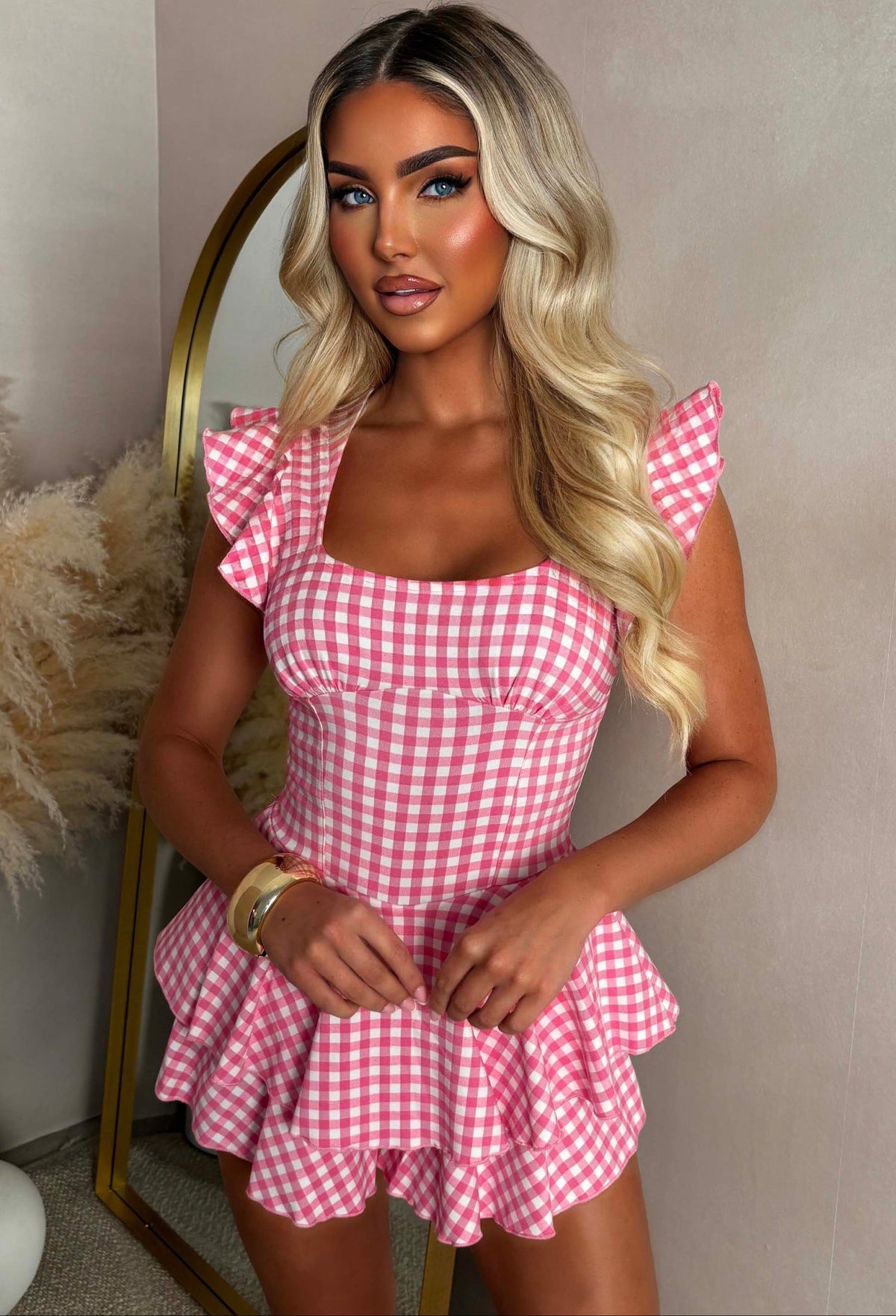 Babydoll Pink Square Neck Ruffle Gingham Playsuit