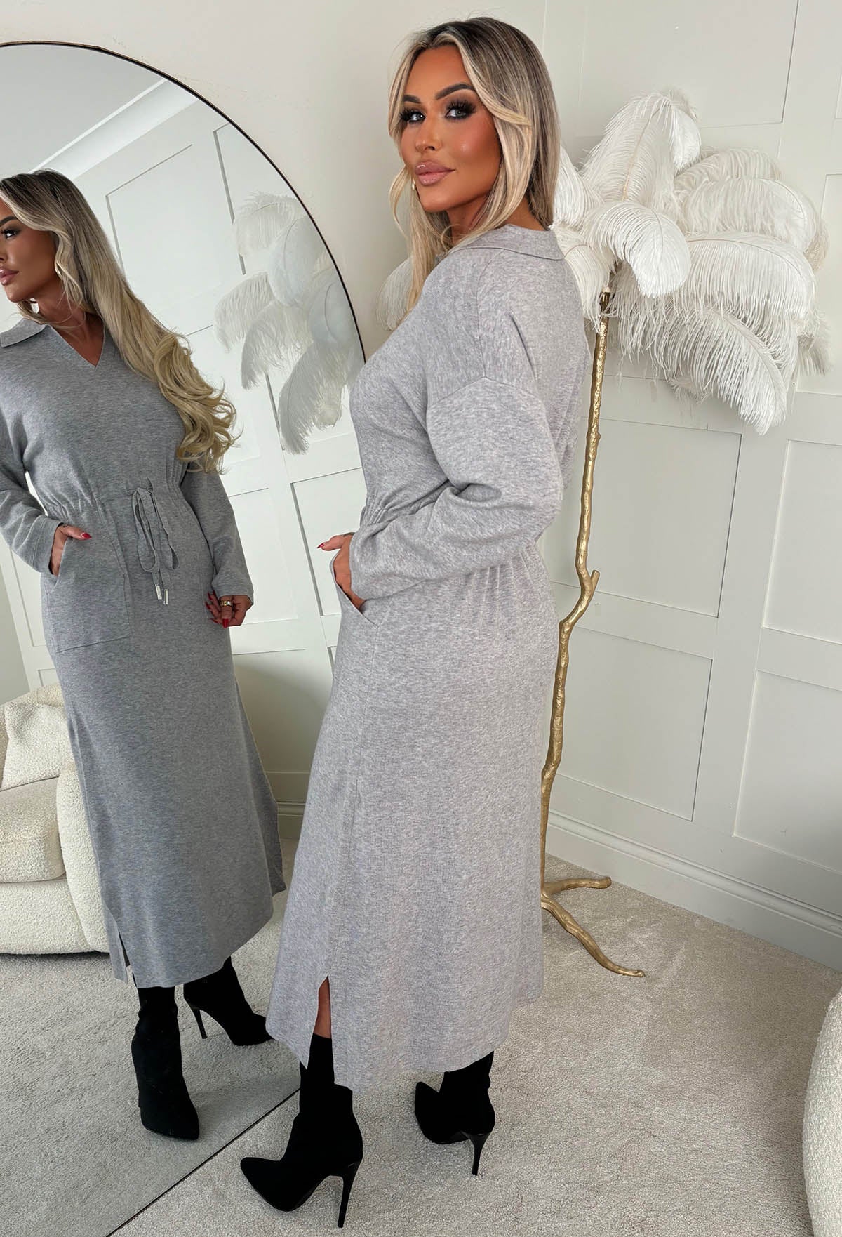 Bad Girl Vibes Grey Collared Tie Waist Midi Knitted Dress