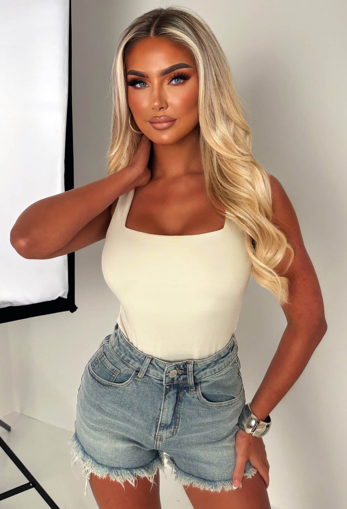 Bring On The Drama Mid Blue Ripped Denim Hot Fix Shorts