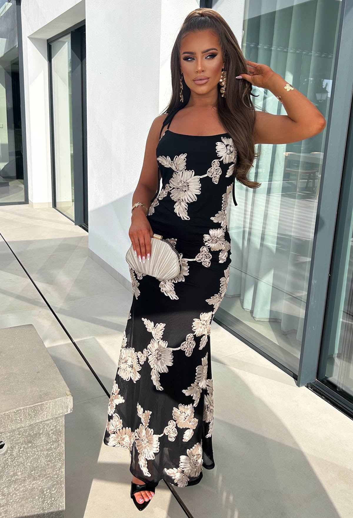 Champagne & Sunsets Black Ribbon Flower Maxi Dress