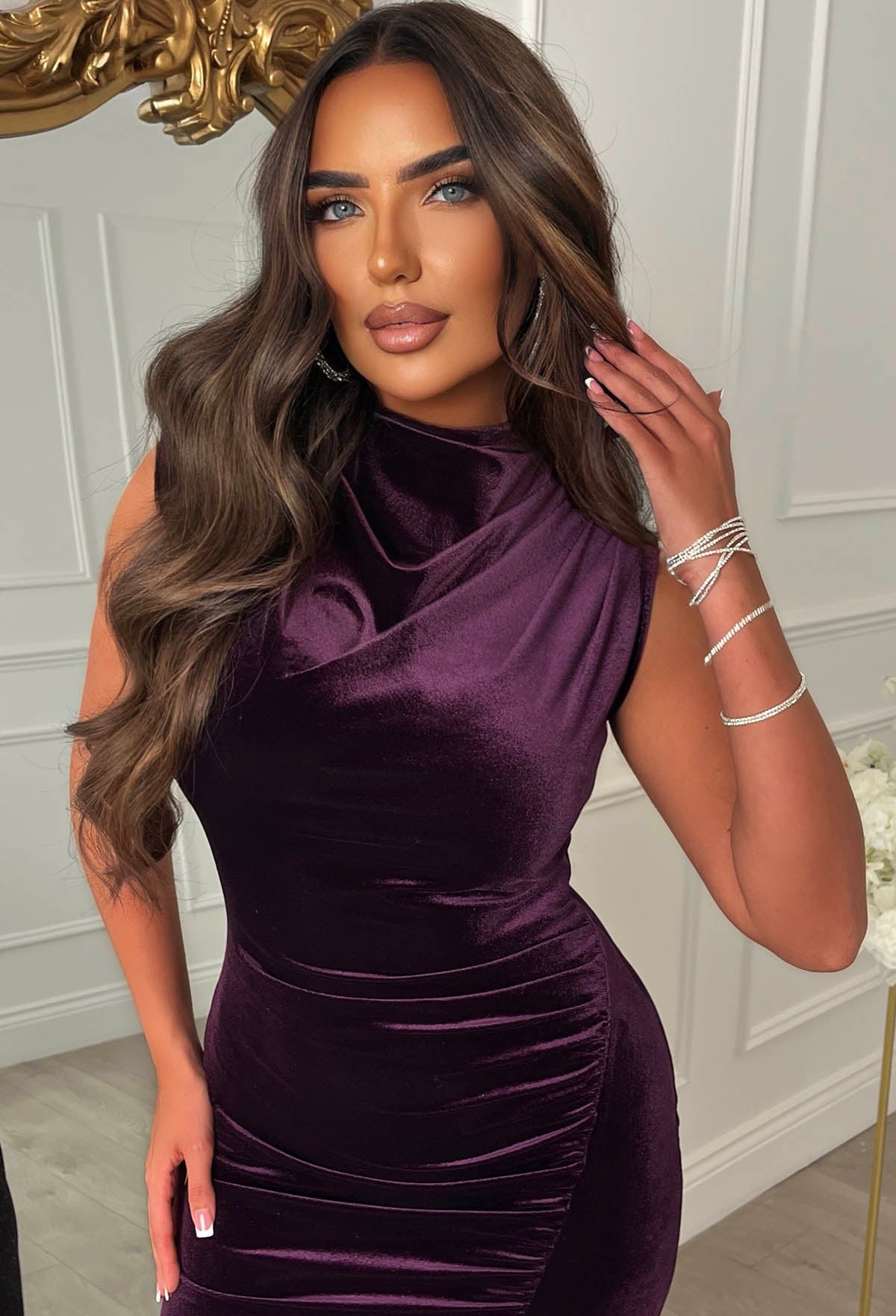 Dressed To Impress Purple Velvet Side Split Ruched Midaxi Dress