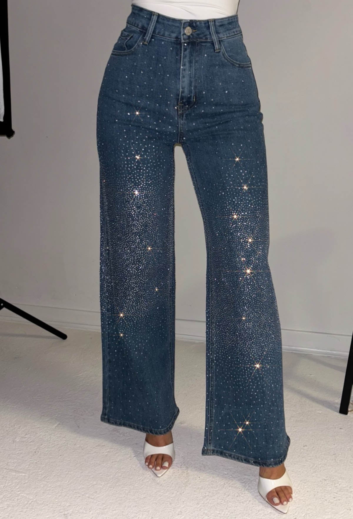 Fixed On You Mid Blue Hot Fix Stretch Wide Leg Jeans