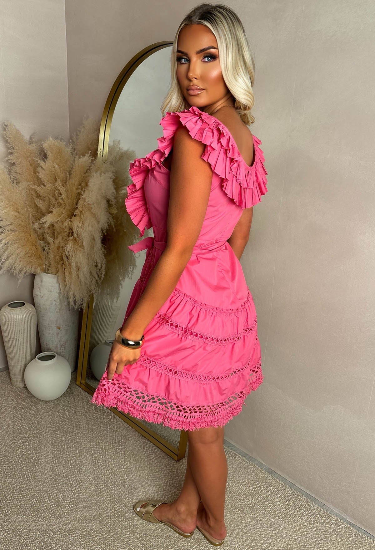 Flamingo Fantasy Fuchsia Cutwork Frill Detail Mini Dress