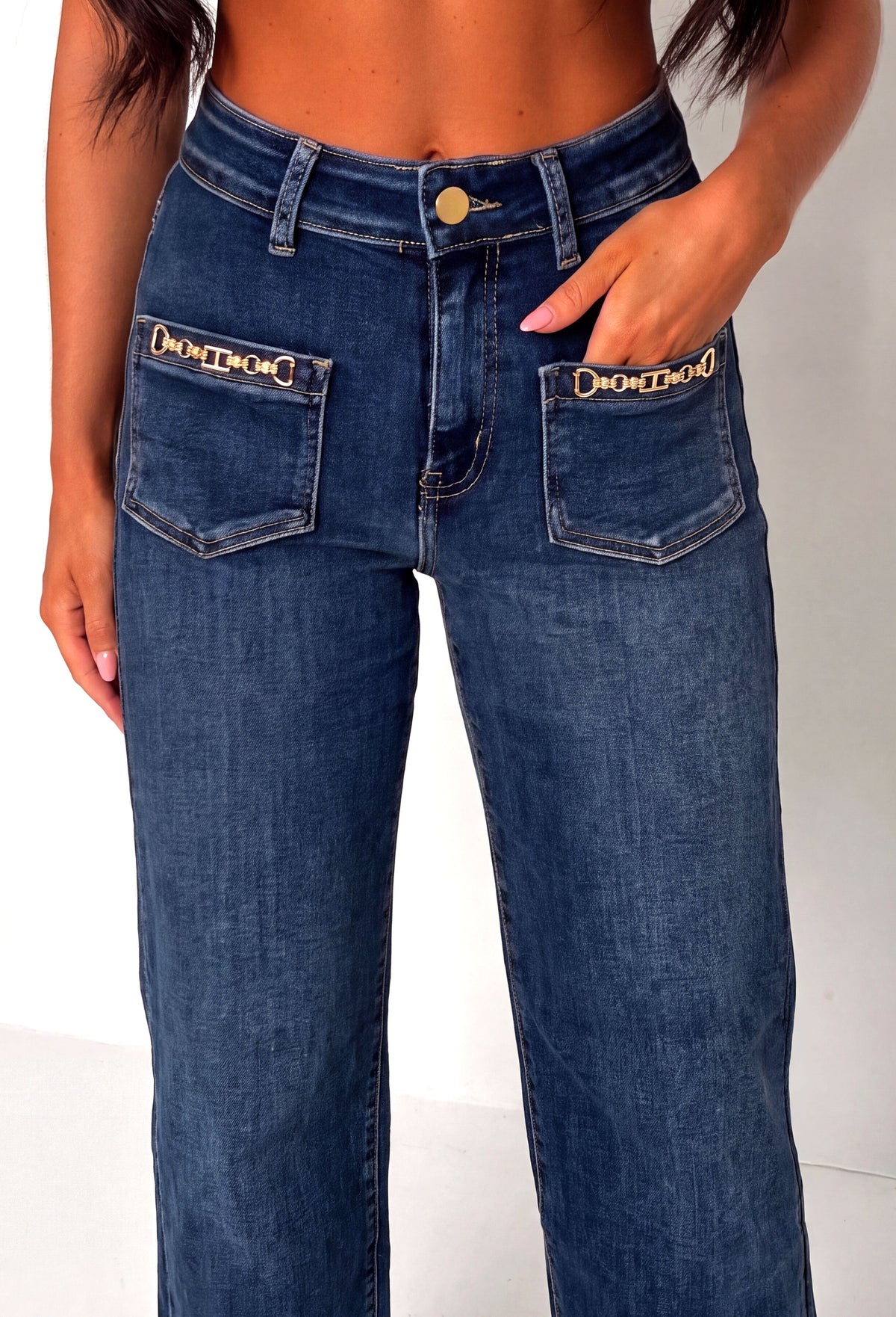 Frankie Mid Blue Gold Trim Stretch Wide Leg Jean