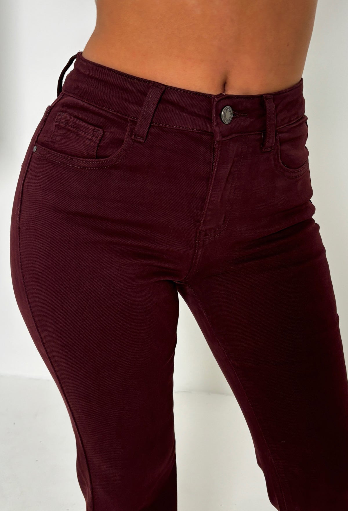 Kim Wine Stretch Fitted & Flared Mid Rise Jeans