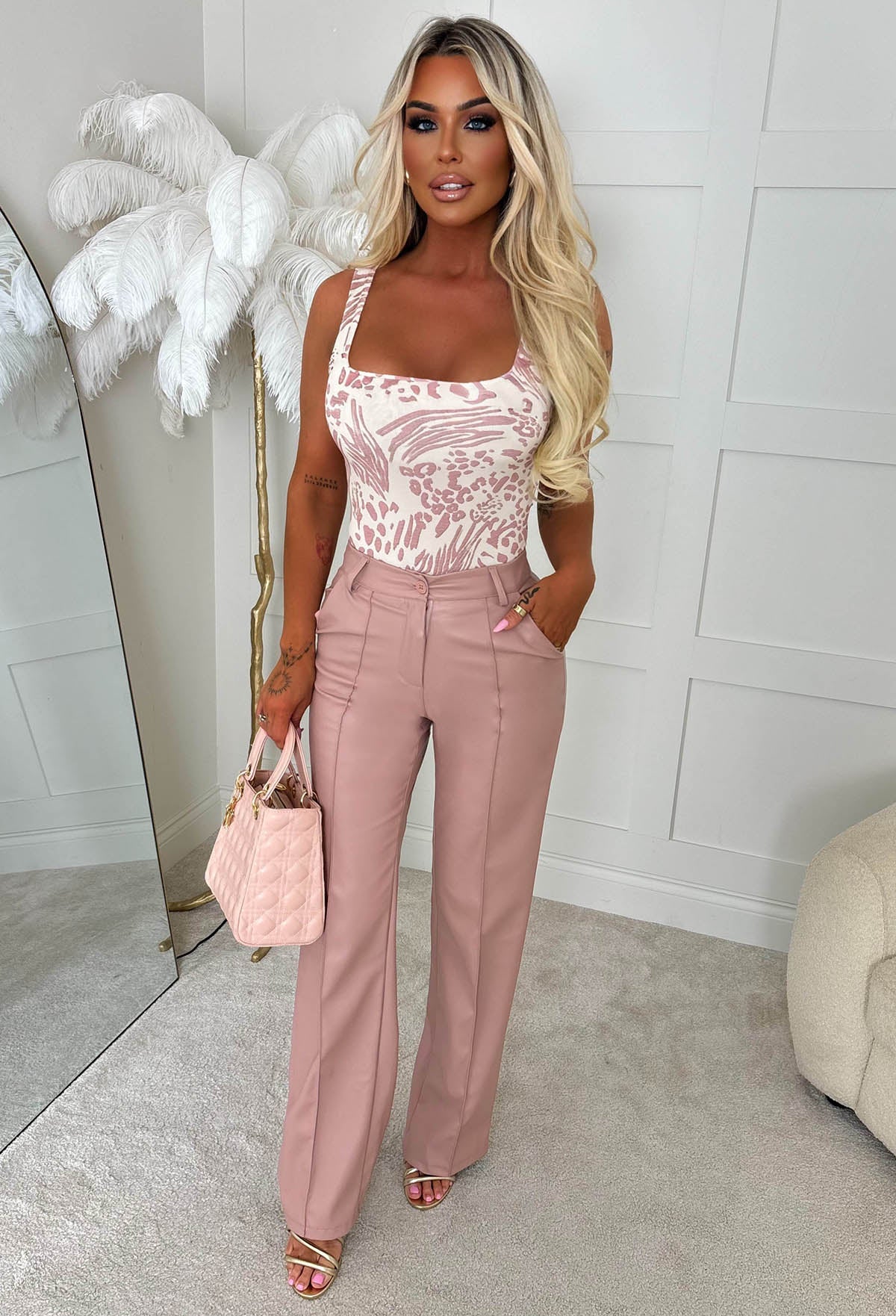 Luxe Destiny Pink Faux Leather Straight Leg Trousers