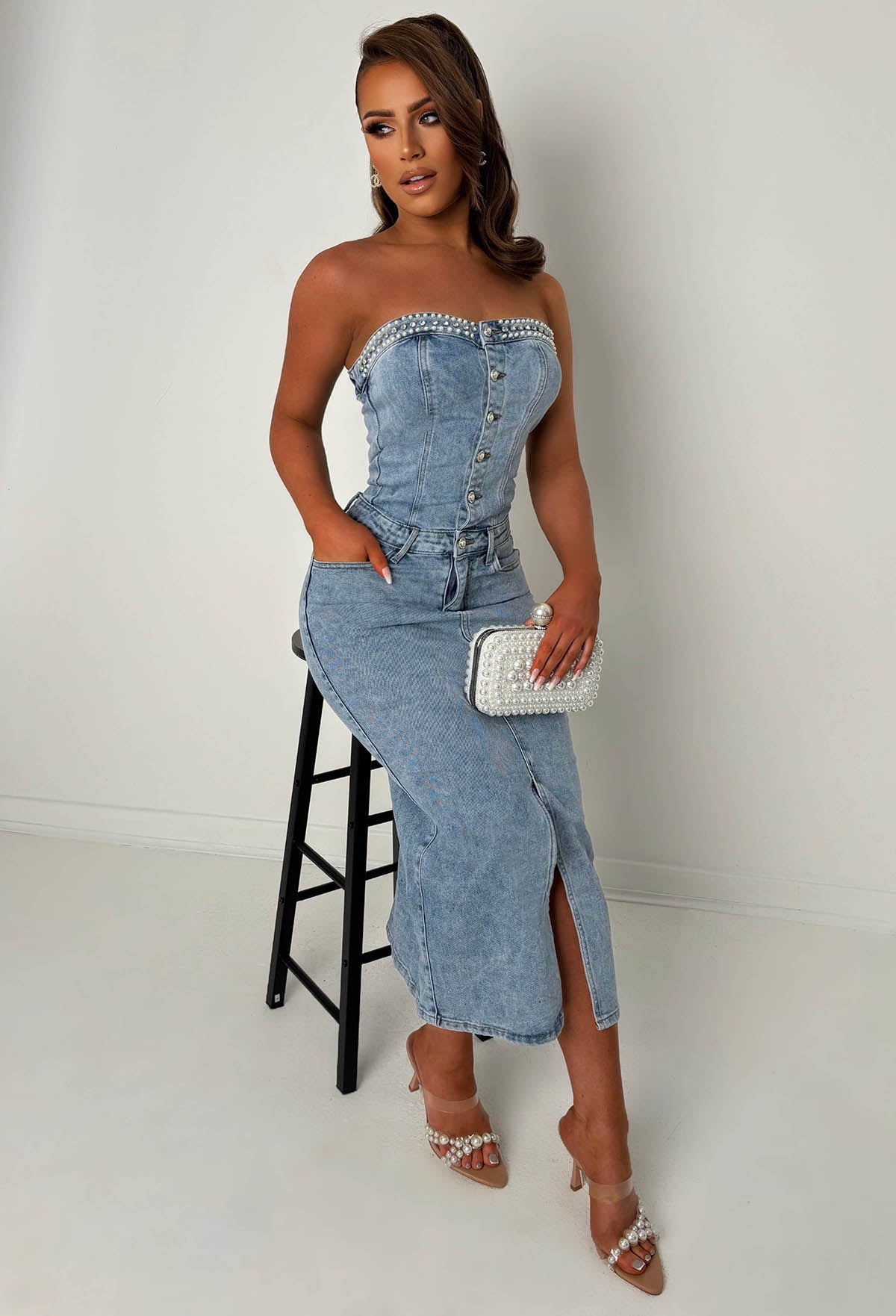 Pearl Escape Mid Blue Stretch Denim Pearl Dress