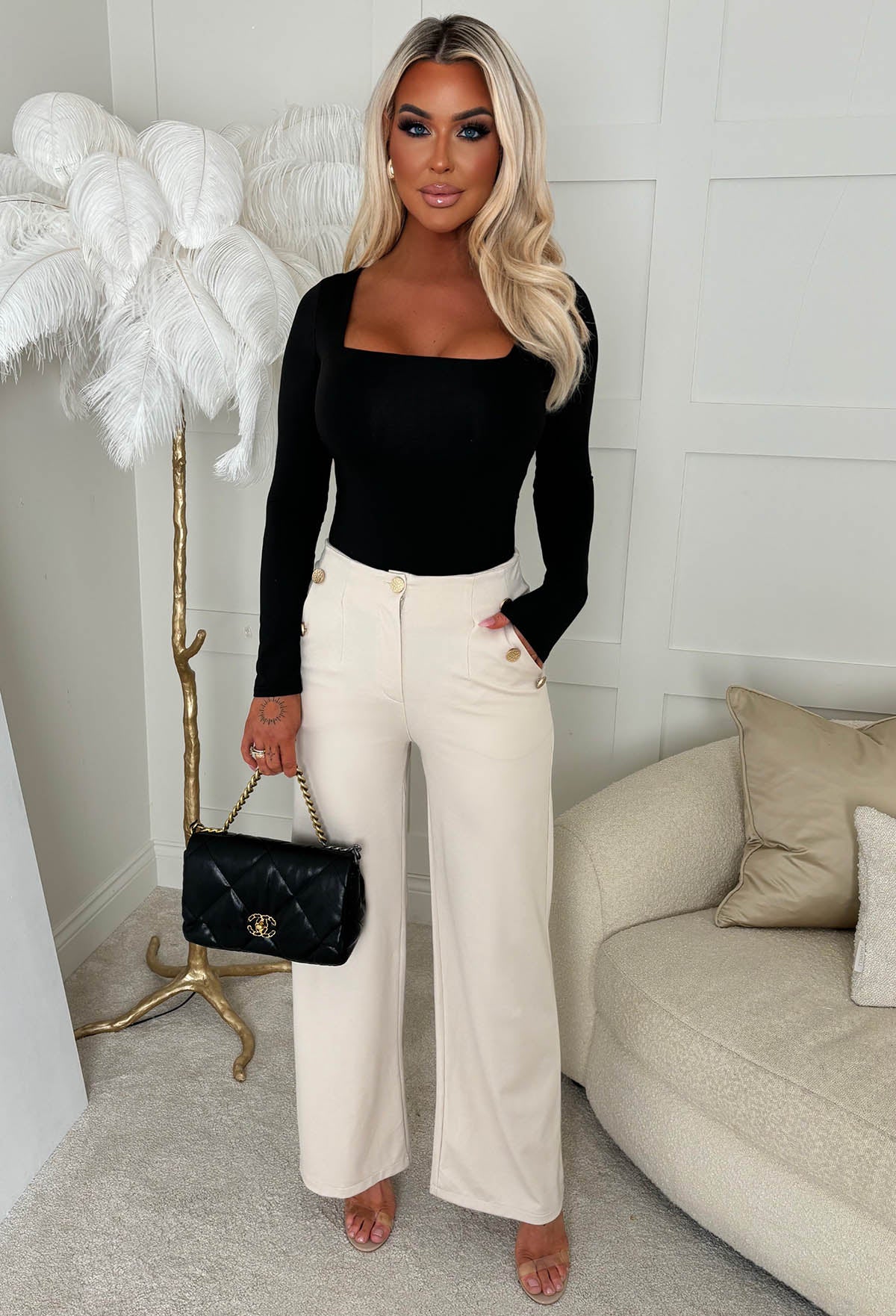 Perfect Moment Beige Button Front Wide Leg Stretch Trousers