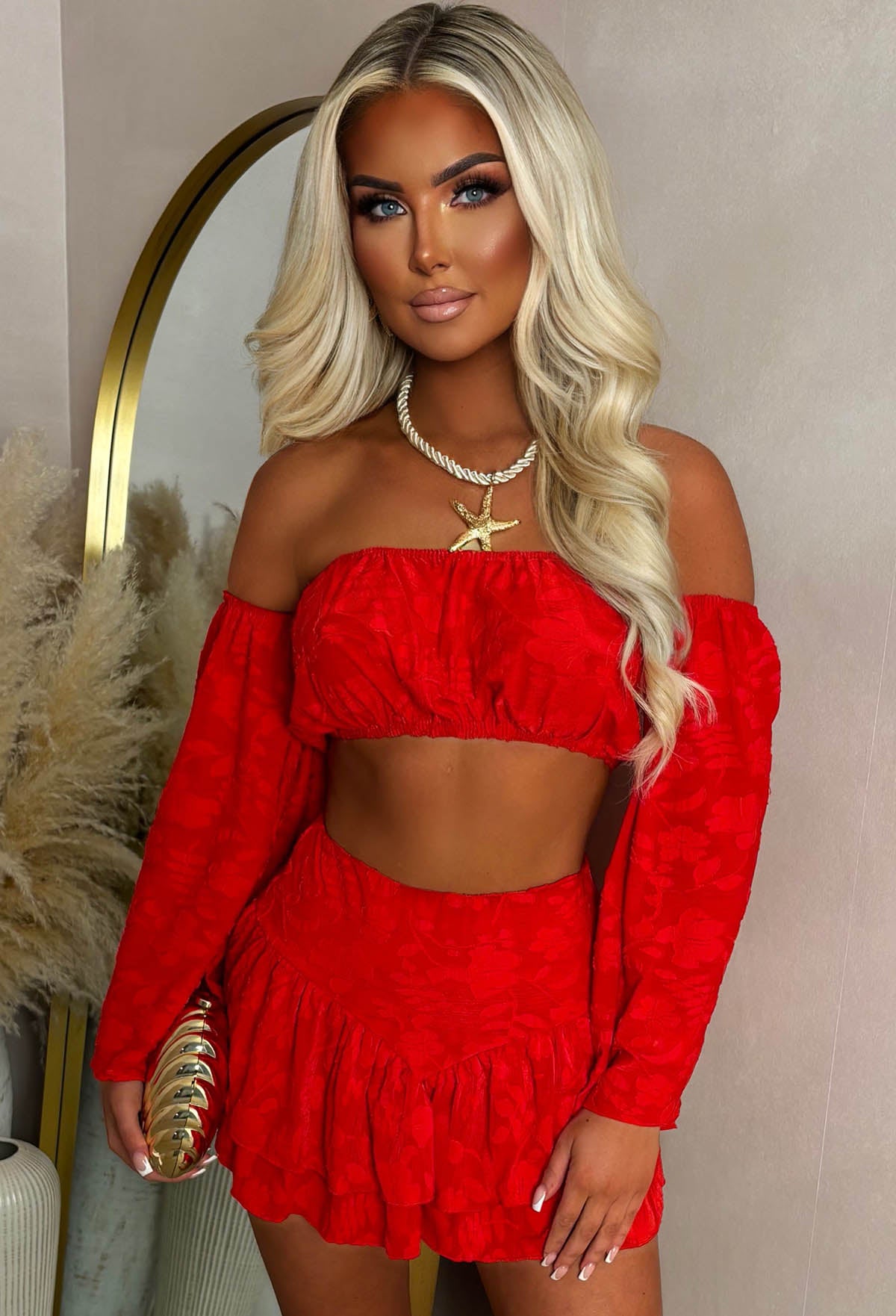 Starlit Skies Red Floral Textured Ruffle Skirt Crop Top Co-Ord