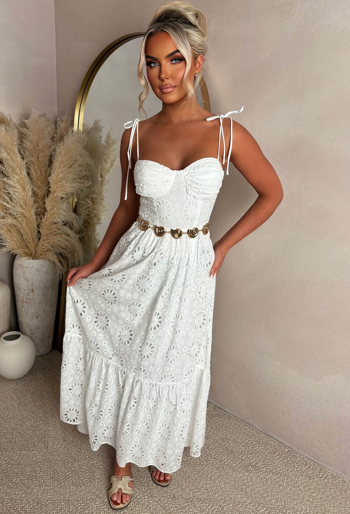 Summer Seduction White Broiderie Tie Strap Maxi Dress