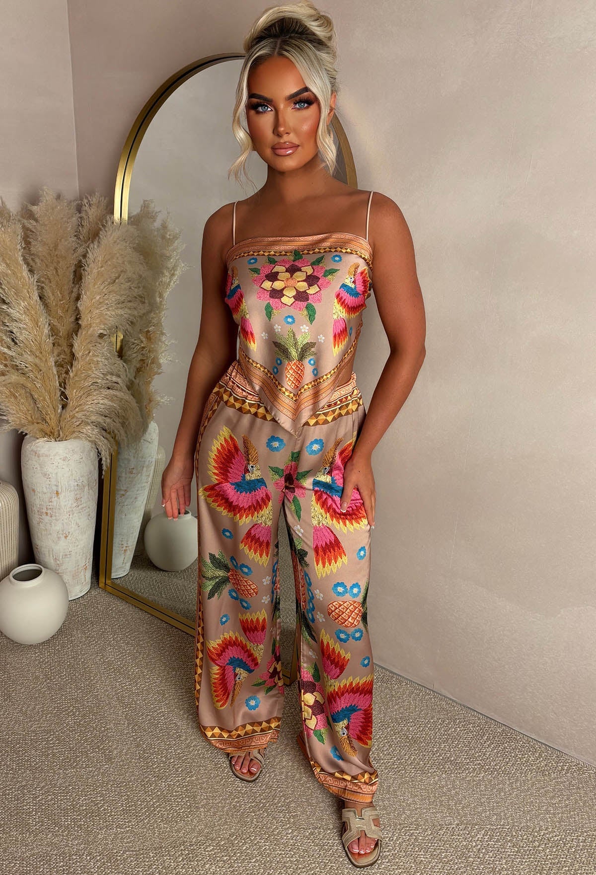 Sunkissed Sizzle Taupe Satin Top And Trouser Co-Ord