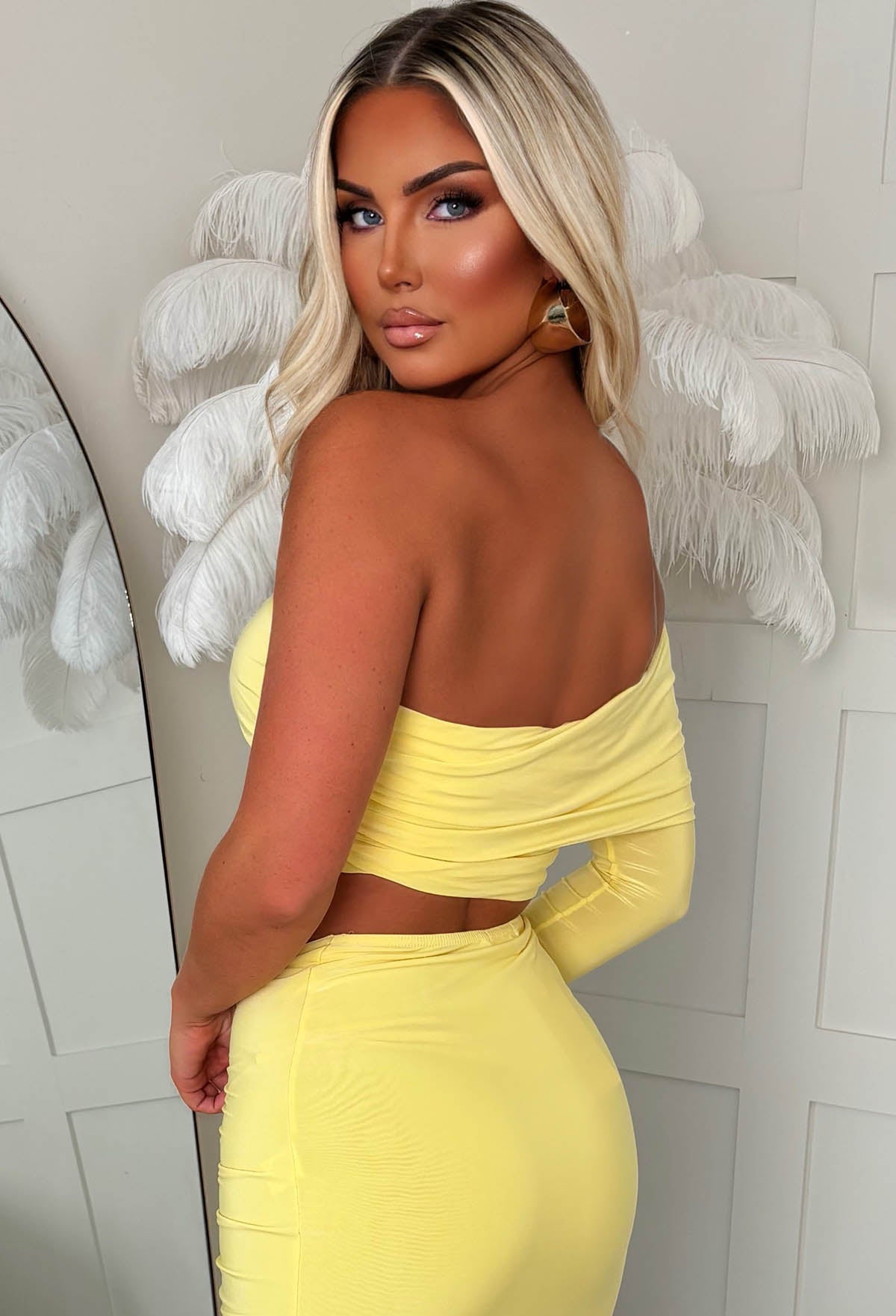 The Best Asset Lemon Ruched Slinky One Shoulder Maxi Skirt Co-Ord Set