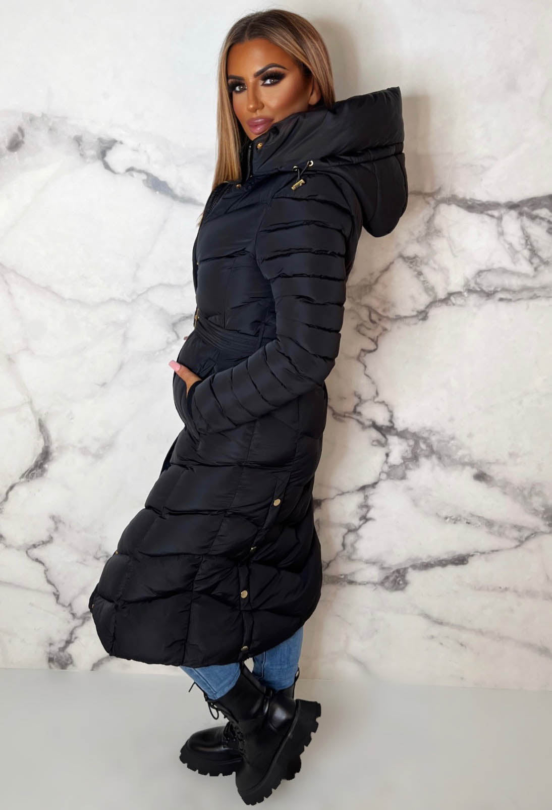 Urban Luxe Black Chevron Belted Hooded Fleece Lined Padded Coat