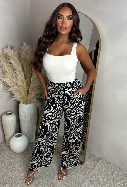 Escape Route Navy Printed Wide Leg Elasticated Trousers
