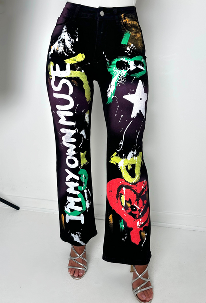 The Muse Black Stretch Graffiti Wide Leg Jeans