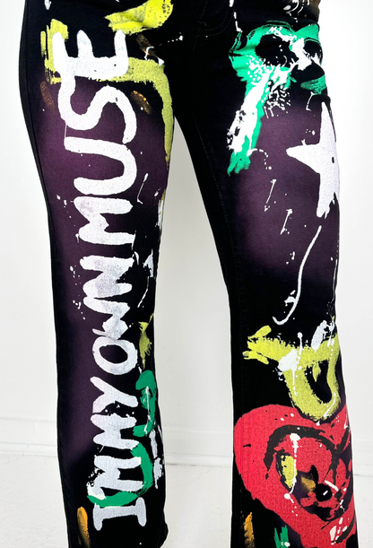 The Muse Black Stretch Graffiti Wide Leg Jeans