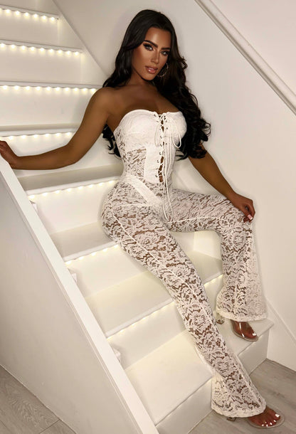 Laced Luxe White Laced Up Lace Jumpsuit