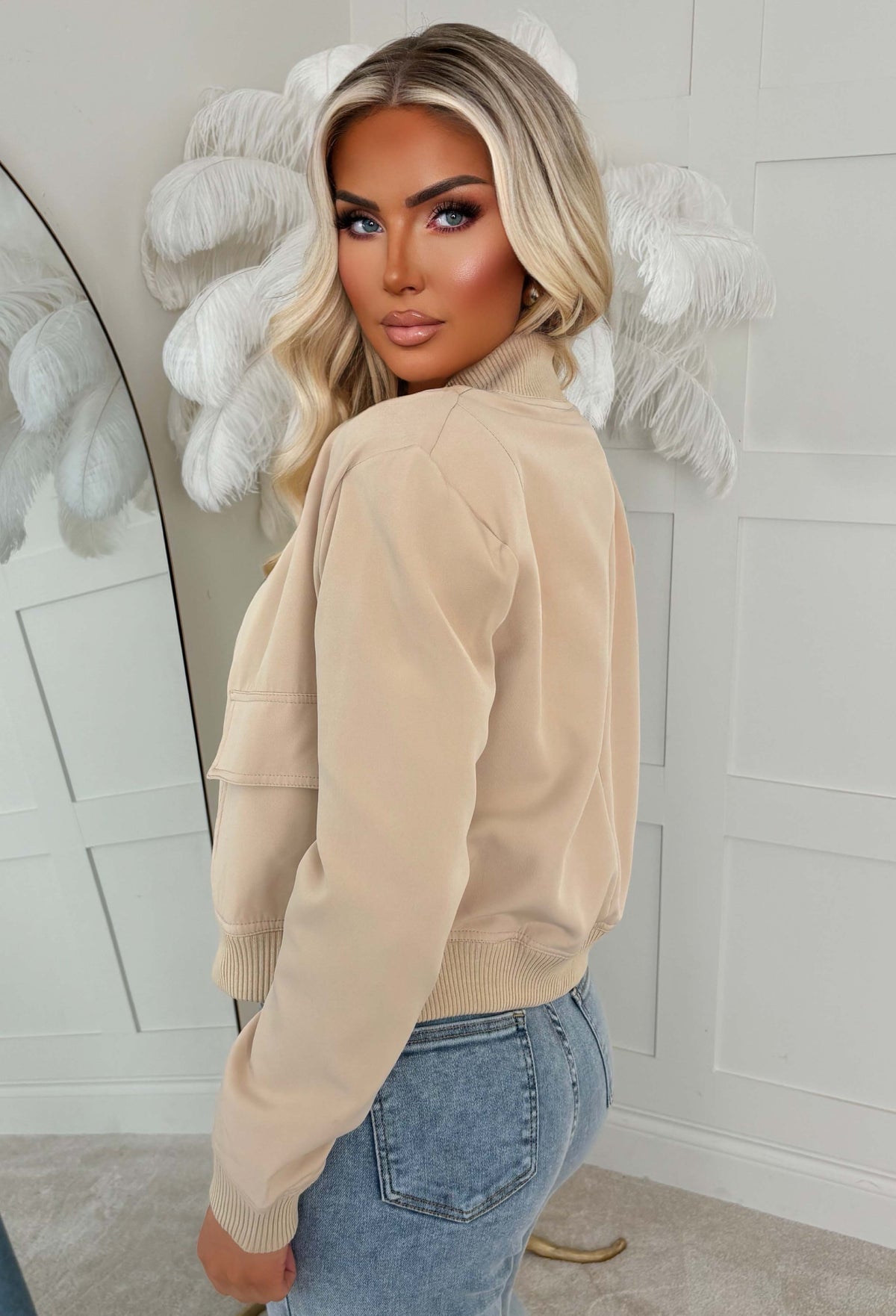 Essential Icon Beige Cropped Bomber Jacket