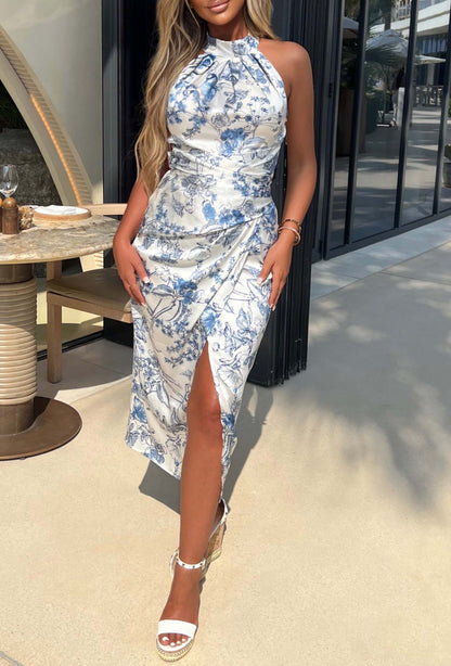 Luxury Moment Blue Satin Printed Ruched Halterneck Midi Dress