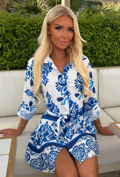 Santorini Dream White Porcelain Print Belted Mini Shirt Dress