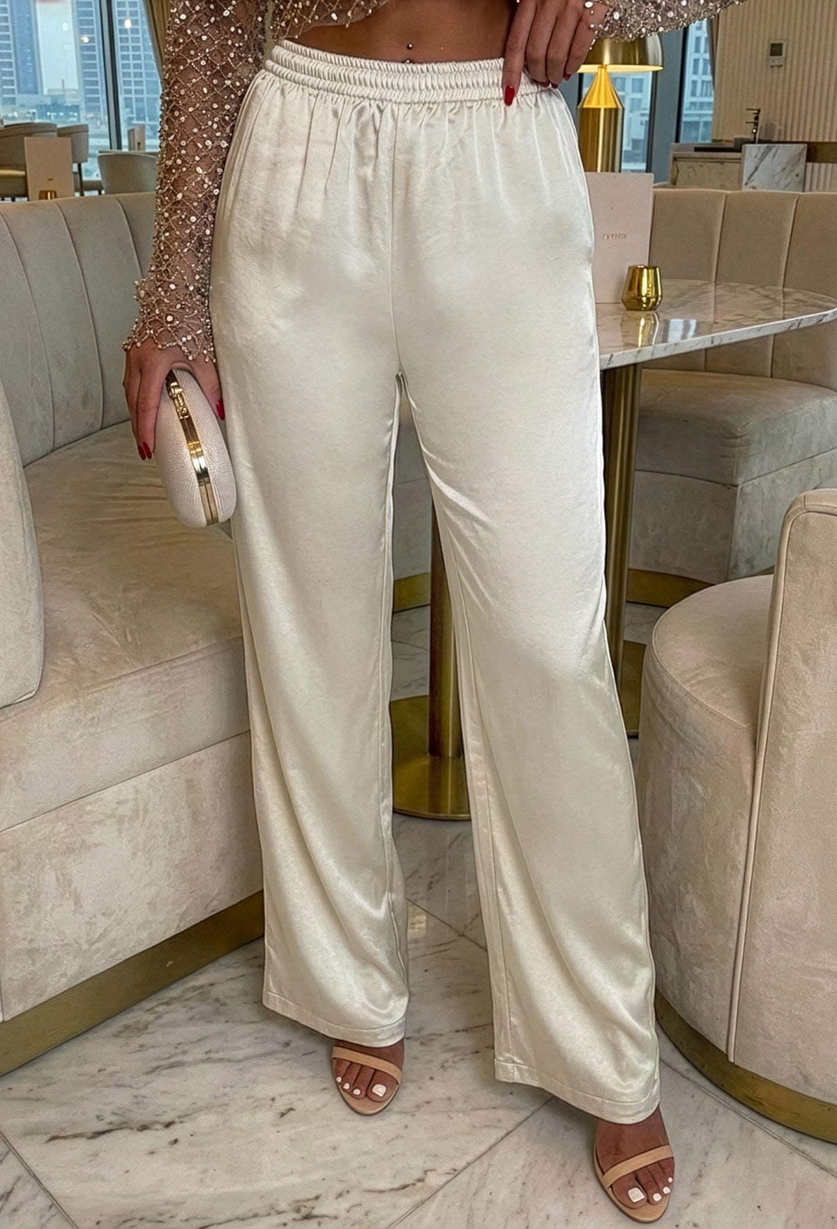 Satin Satisfaction Cream Elasticated Drawstring Trouser