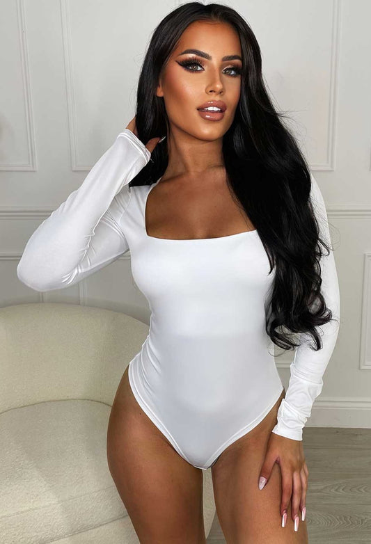 Girl Like Me White Square Neck Long Sleeve Bodysuit