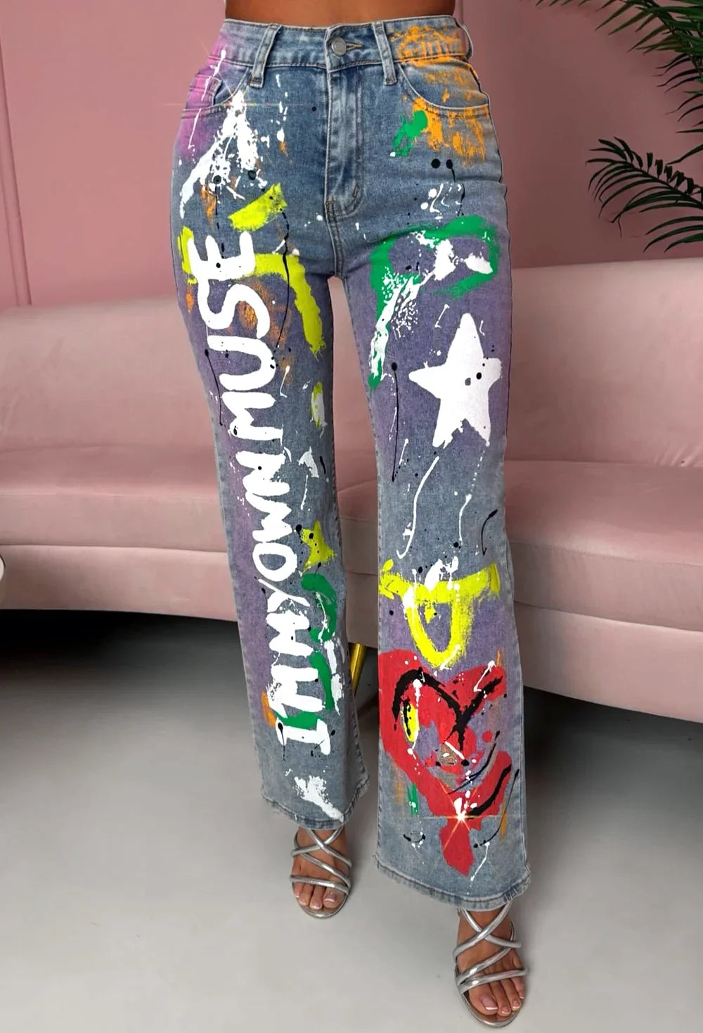The Muse Mid Wash Stretch Graffiti Wide Leg Jeans