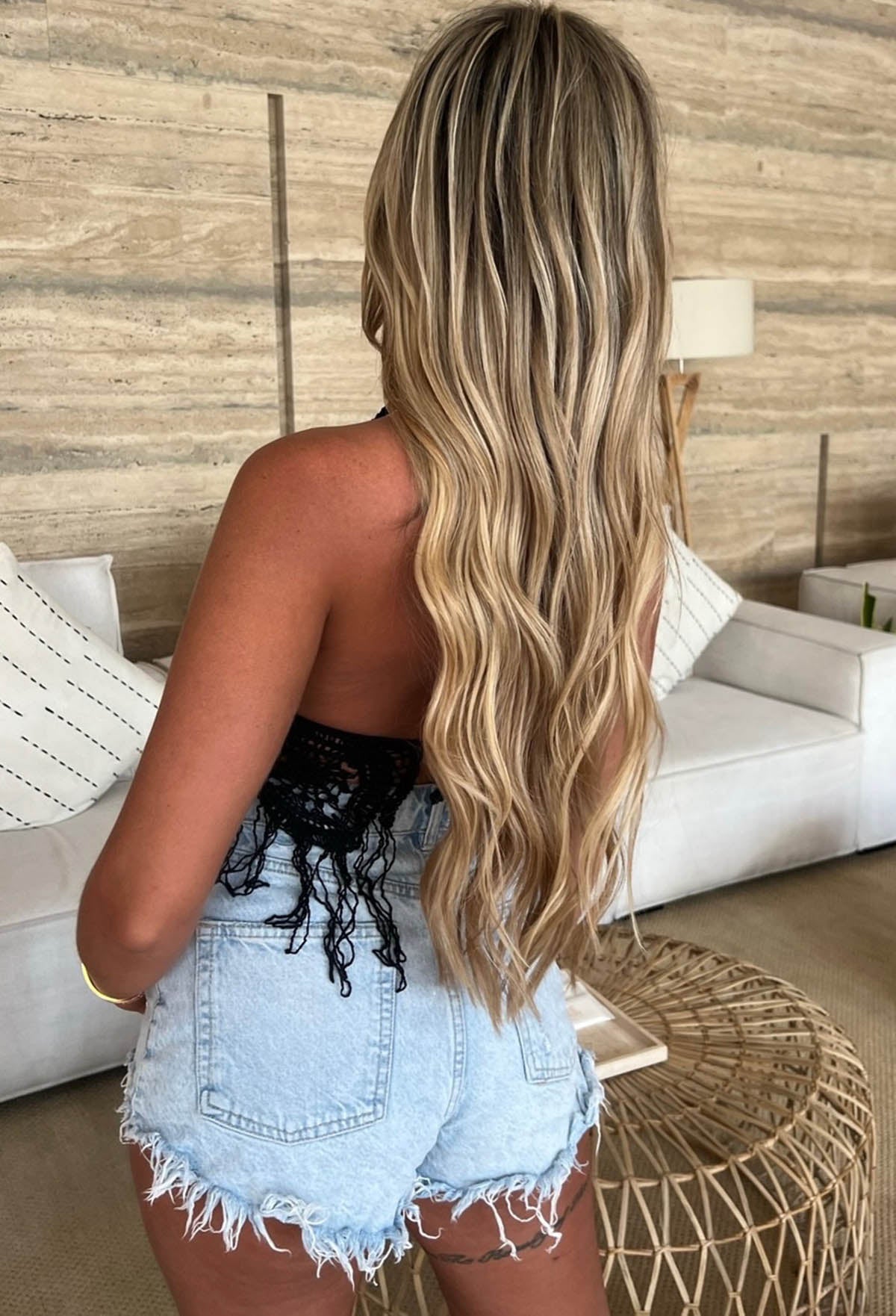 Ocean Waves Black Crochet Tassel Halterneck Top