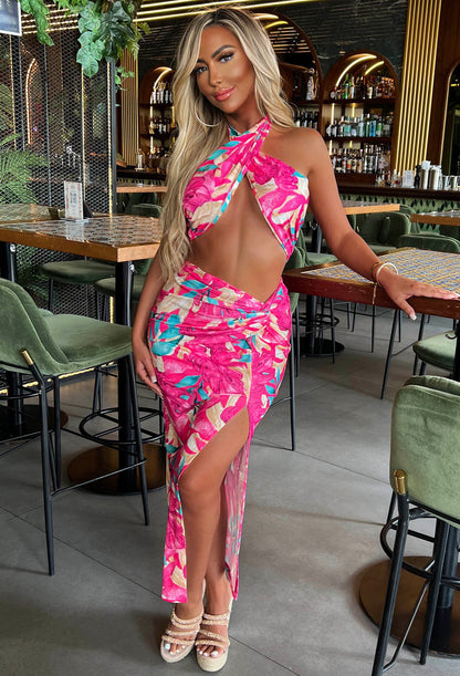 Your Paradise Pink Tropical Halterneck Bandeau Midi Skirt Co-Ord Set