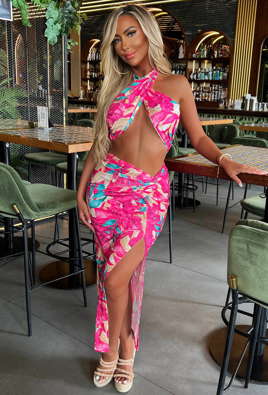 Your Paradise Pink Tropical Halterneck Bandeau Midi Skirt Co-Ord Set
