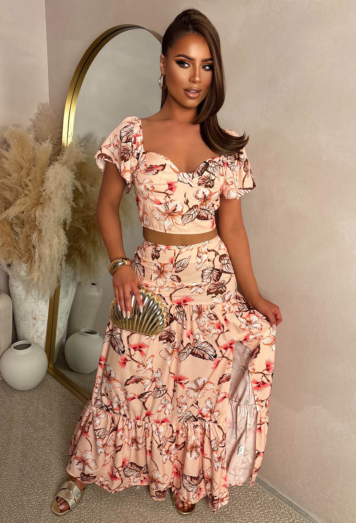 Tan Me Later Peach Floral Top & Skirt Co-ord Set