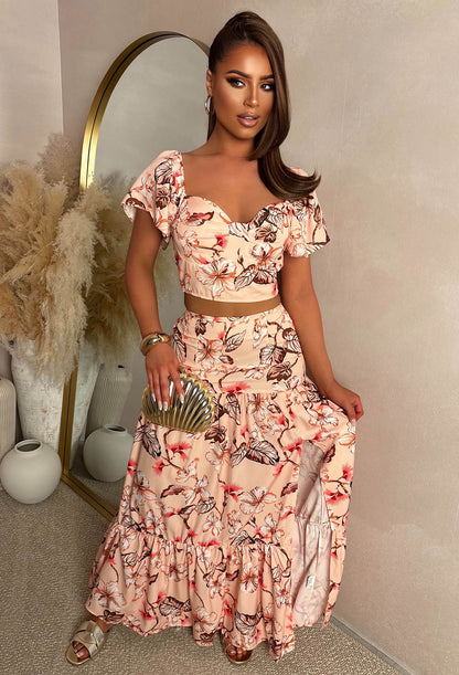 Tan Me Later Peach Floral Top & Skirt Co-ord Set