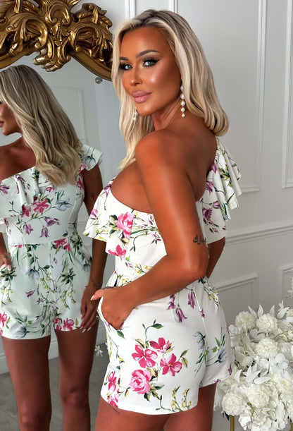 Rosy Daze Multi One Shoulder Floral Print Playsuit