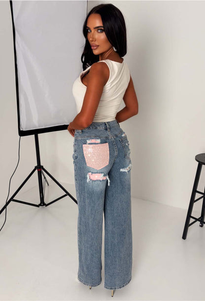 Seek Me Out Mid Blue Ripped Denim Hot Fix Stretch Jeans