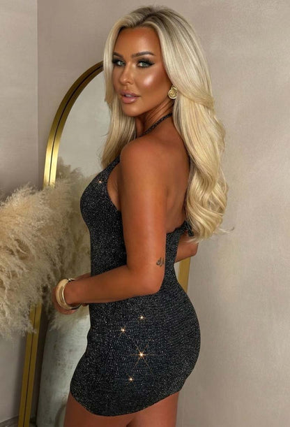 Slay Always Black Knitted Halter Neck Lurex Mini Dress