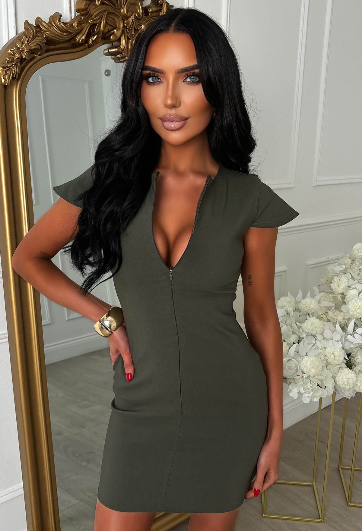Always Tempting Khaki Zip Front Bengaline Mini Dress
