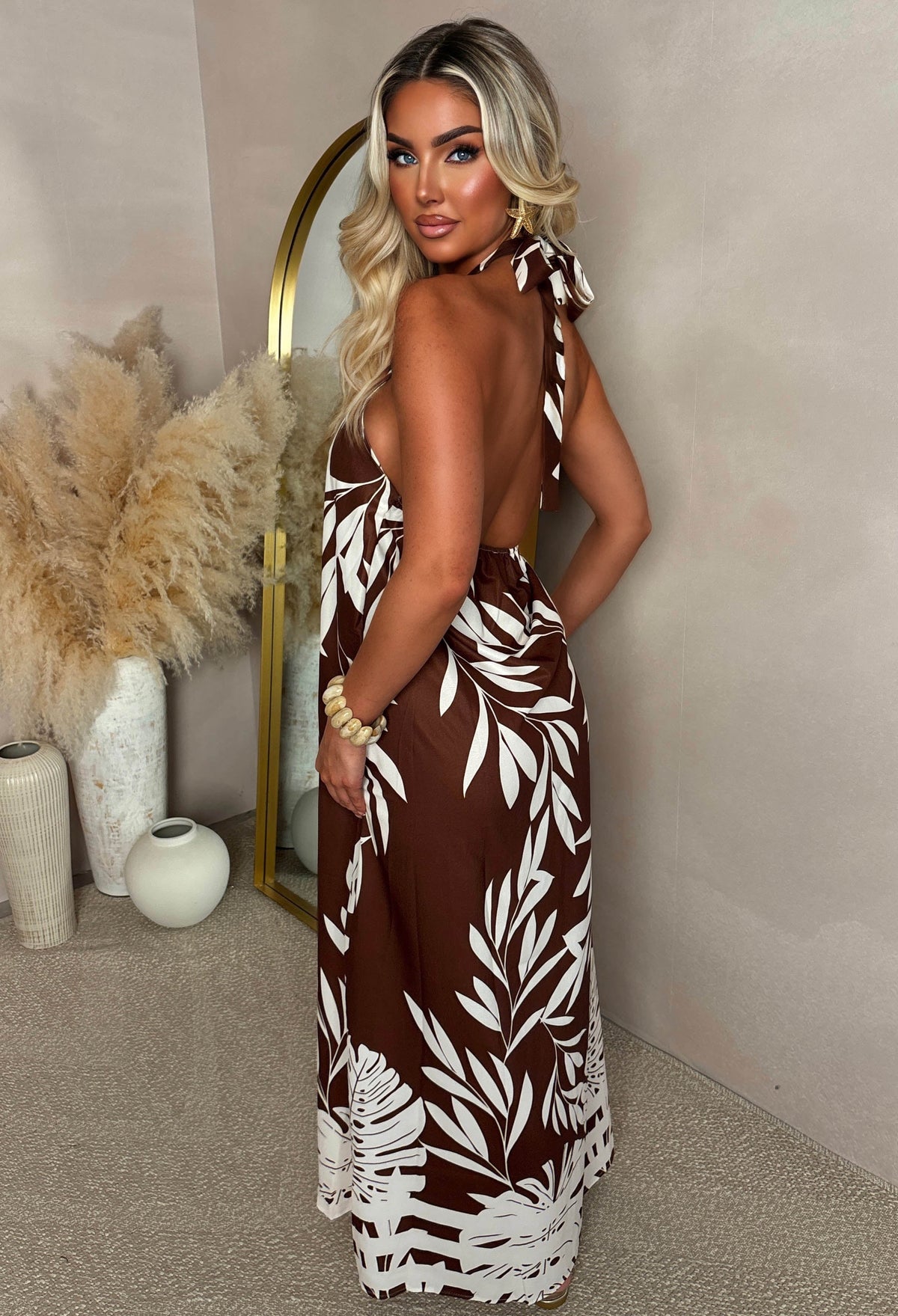 Beach Belle BROWN Halter Palm Print Maxi Dress