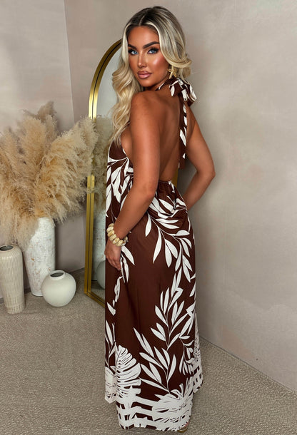 Beach Belle BROWN Halter Palm Print Maxi Dress