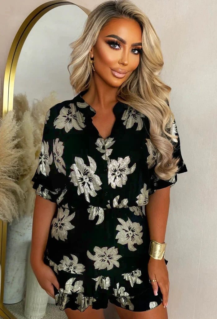 Beachy Queen Black Foil Print Button Front Playsuit