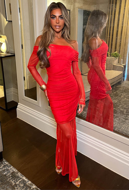 Beautiful Bella Red Mesh Bardot Mini Maxi Dress