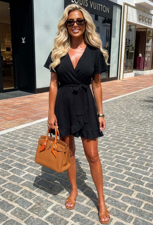 Better Believe It Black Wrap Front Frill Sleeve Mini Dress