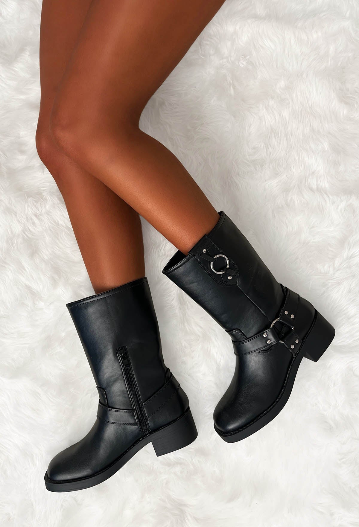 Biker Baby Black Faux Leather Strap Biker Boots
