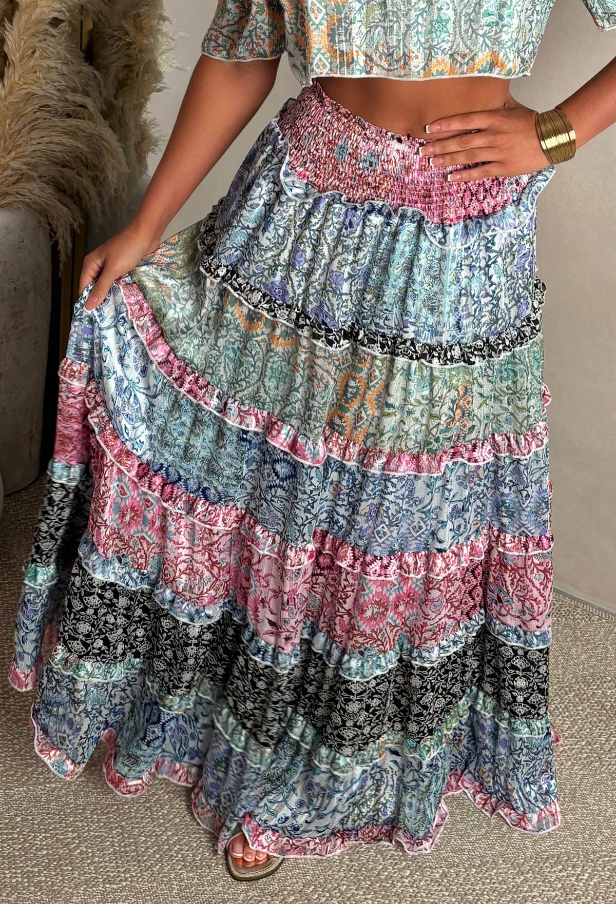 Blush Waves Multi Floral Ruffle Maxi Skirt