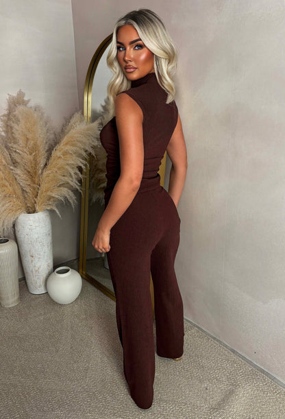 Boarding Babe Brown Basic Crinkle Lounge Co-ord Set