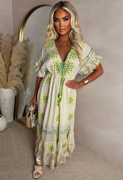 Boho Beautiful Multi Embroidered Boho Maxi Dress