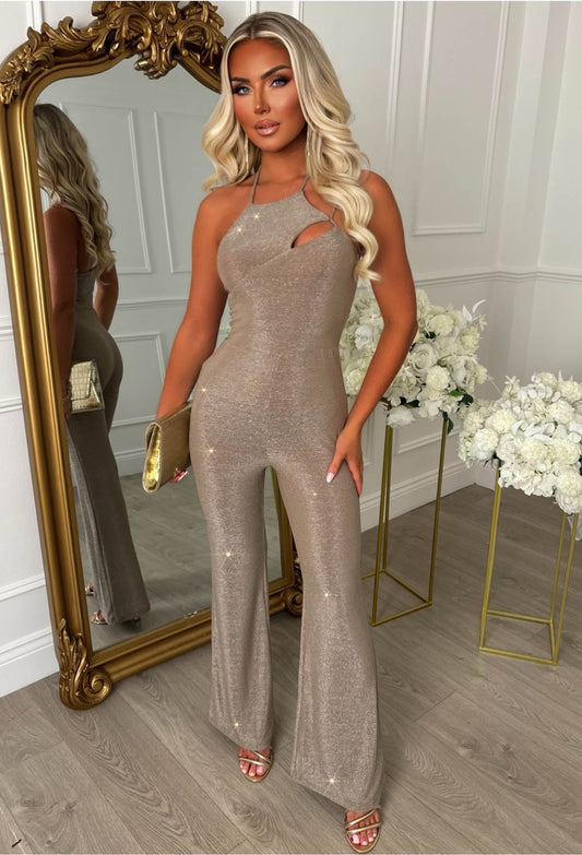 Born To Glow Gold Halterneck Sparkle Jumpsuit