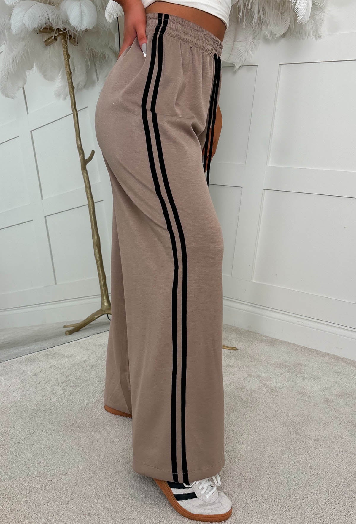 Casual Feelings Mocha Side Stripe Wide Leg Joggers