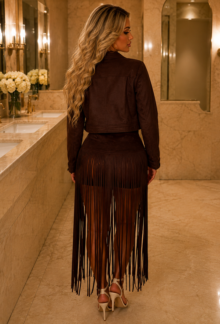 Chase The Dream Brown Faux Suede Cropped Denim Style Jacket