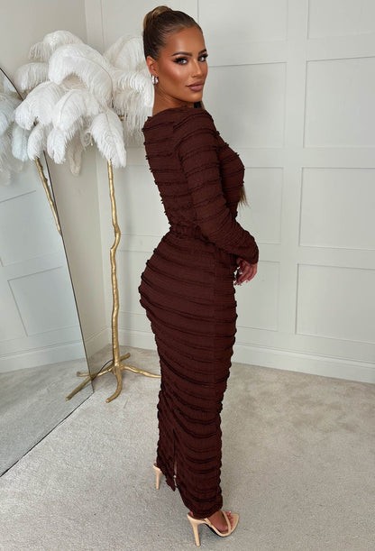 Classy Girl Chocolate Brown Textured Button Top & Skirt Co-ord Set